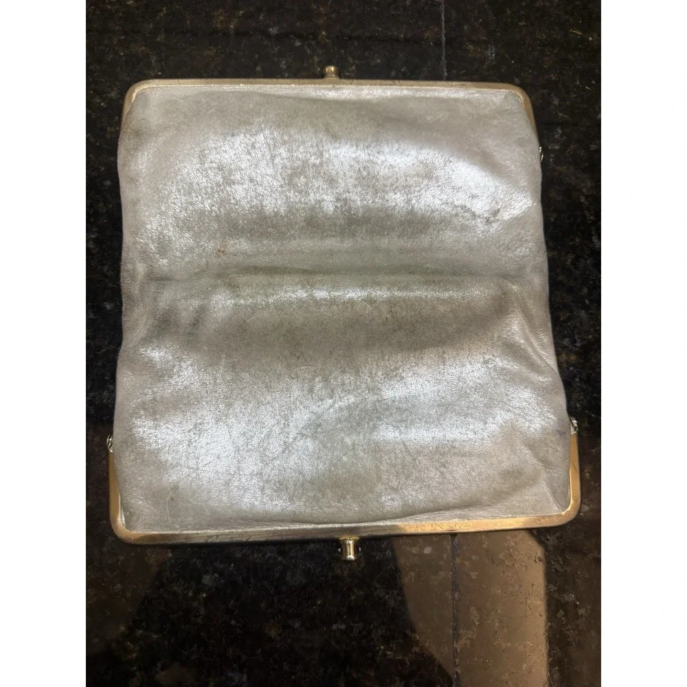 Hobo International‎ Double Kisslock Wallet Silver Gray Glazed Leather Clutch